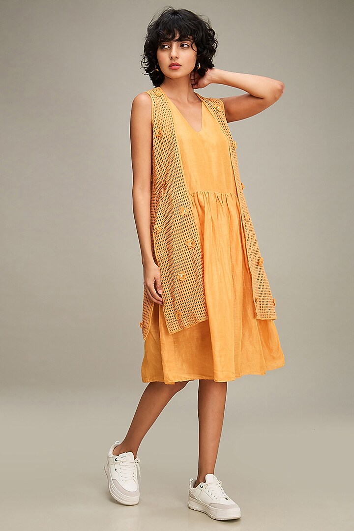 Orange Linen & Handloom Cotton Jacket Summer Dress by Soup by Sougat Paul at Pernia's Pop Up Shop