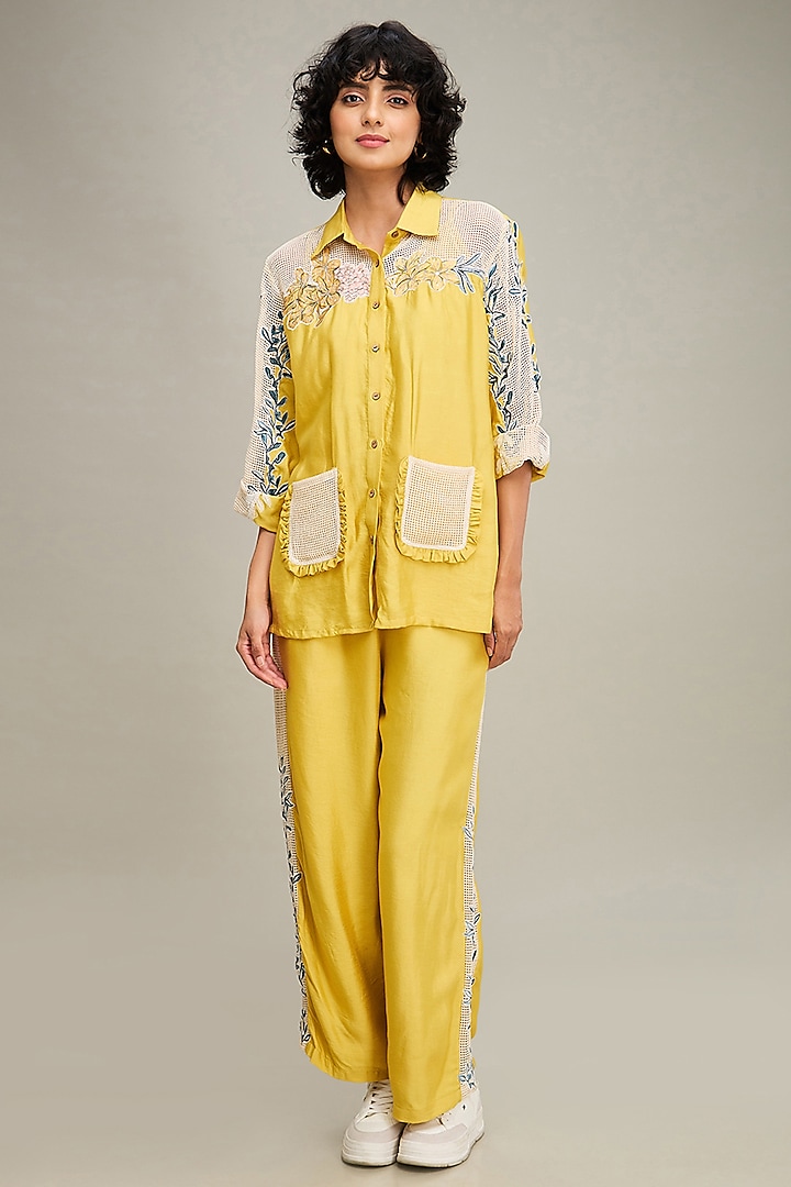 Yellow Handloom Cotton & Chanderi Applique Embroidered Co-Ord Set by Soup by Sougat Paul at Pernia's Pop Up Shop