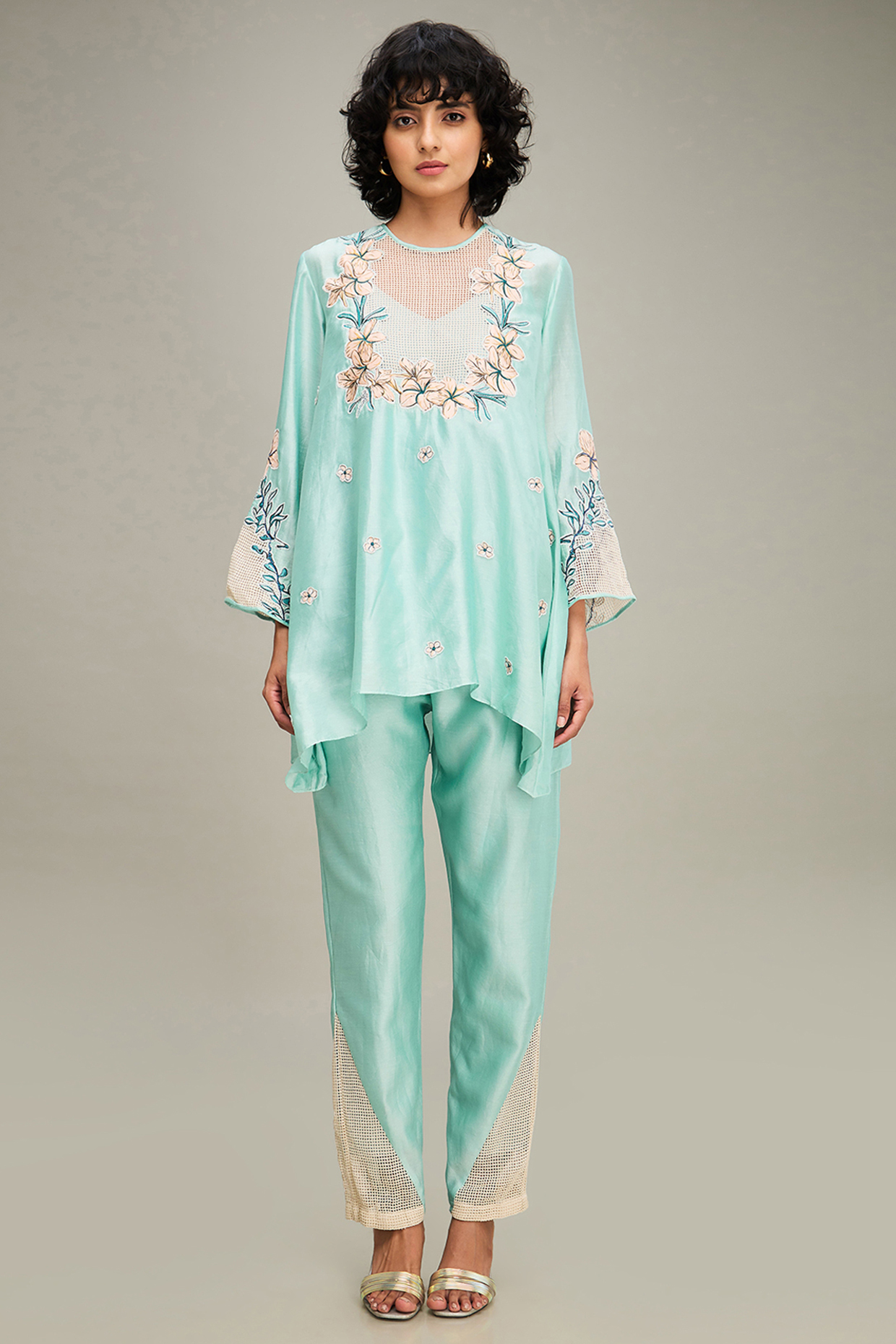 Mint Green Handloom Net & Chanderi Applique Embroidered Co-Ord Set by Soup by Sougat Paul at Pernia's Pop Up Shop