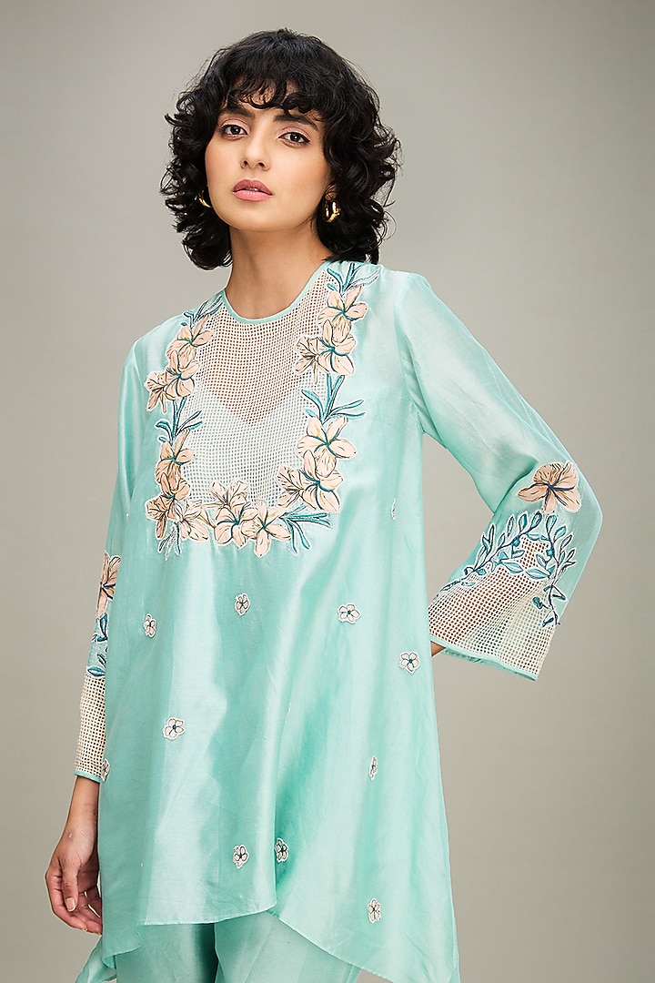 Mint Green Handloom Net & Chanderi Applique Embroidered Co-Ord Set by Soup by Sougat Paul at Pernia's Pop Up Shop