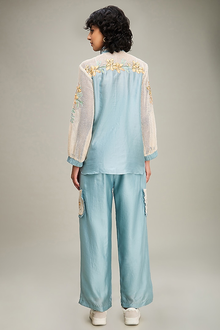 Blue Chanderi Applique Embroidered Co-Ord Set by Soup by Sougat Paul at Pernia's Pop Up Shop