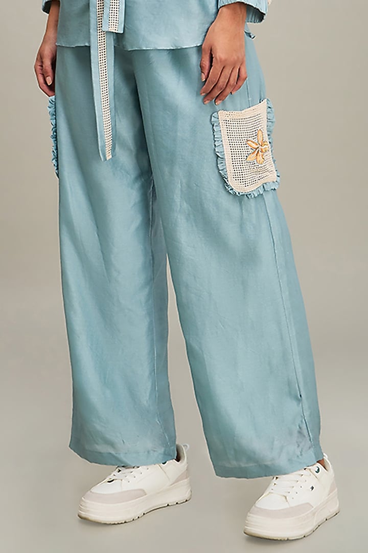 Blue Chanderi Applique Embroidered Co-Ord Set by Soup by Sougat Paul at Pernia's Pop Up Shop
