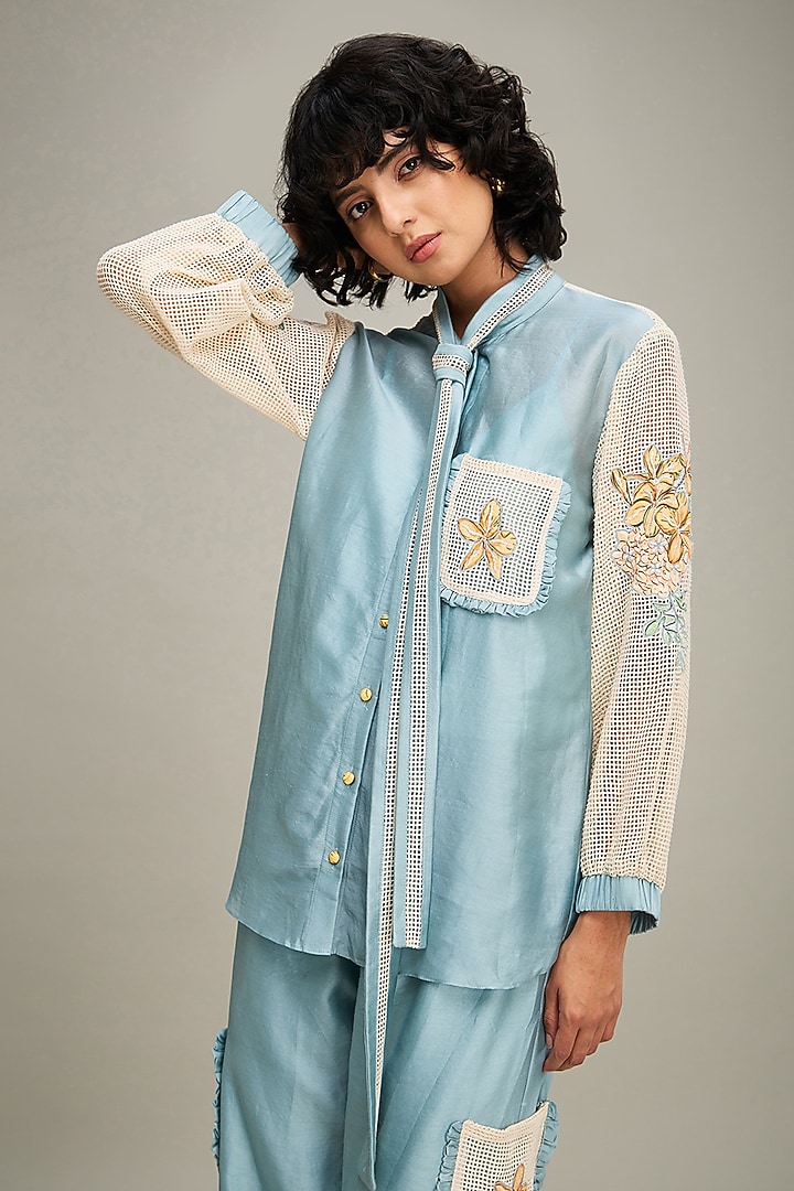 Blue Chanderi Applique Embroidered Co-Ord Set by Soup by Sougat Paul at Pernia's Pop Up Shop