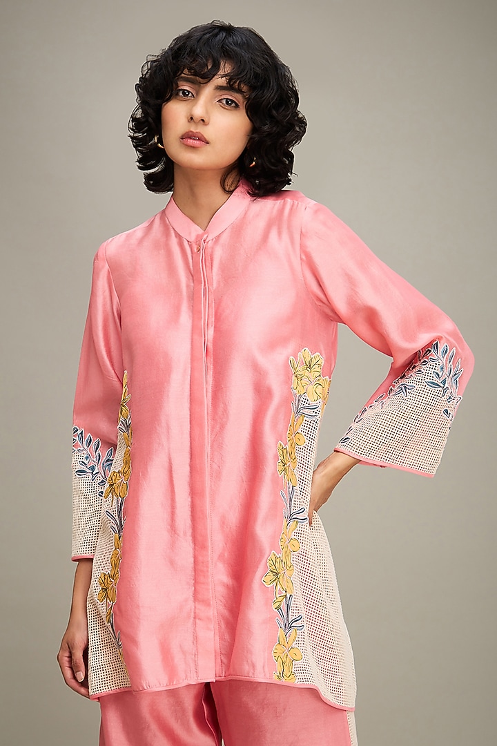 Pink Chanderi Applique Embroidered Co-Ord Set by Soup by Sougat Paul at Pernia's Pop Up Shop