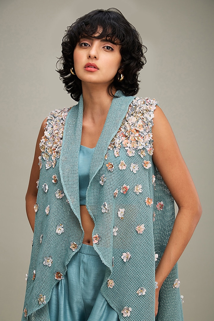 Green Handloom Net Embellished Cape Set by Soup by Sougat Paul at Pernia's Pop Up Shop