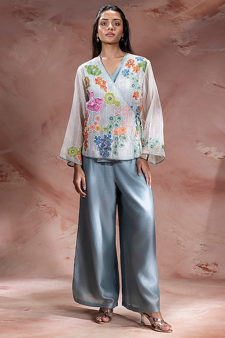 Powder Blue & Off-White Chanderi Embroidered Co-Ord Set by Soup by Sougat Paul at Pernia's Pop Up Shop
