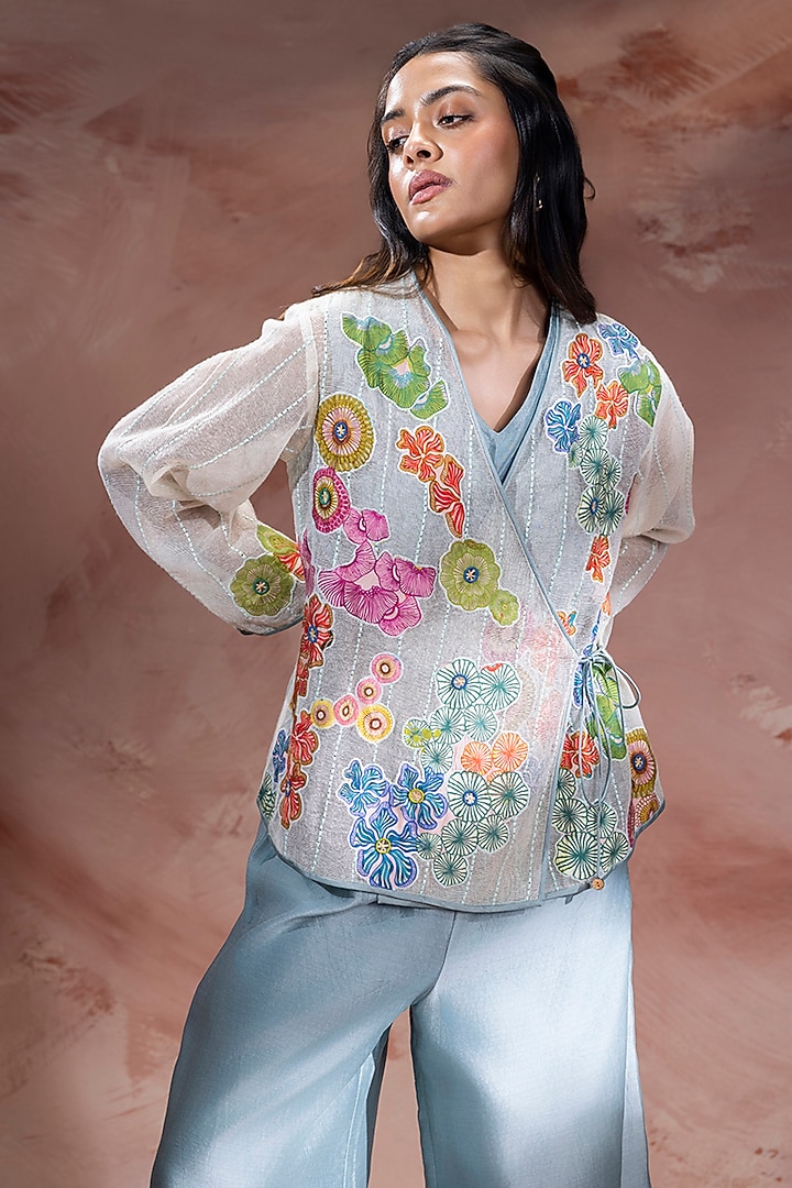 Powder Blue & Off-White Chanderi Embroidered Co-Ord Set by Soup by Sougat Paul at Pernia's Pop Up Shop