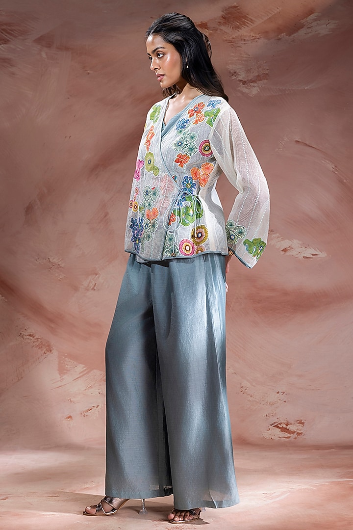 Powder Blue & Off-White Chanderi Embroidered Co-Ord Set by Soup by Sougat Paul at Pernia's Pop Up Shop