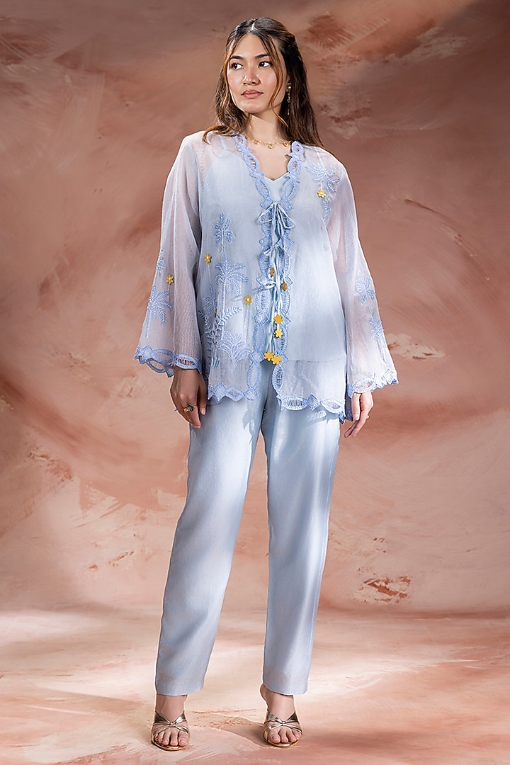 Powder Blue & Off-White Chanderi Embroidered Co-Ord Set by Soup by Sougat Paul at Pernia's Pop Up Shop