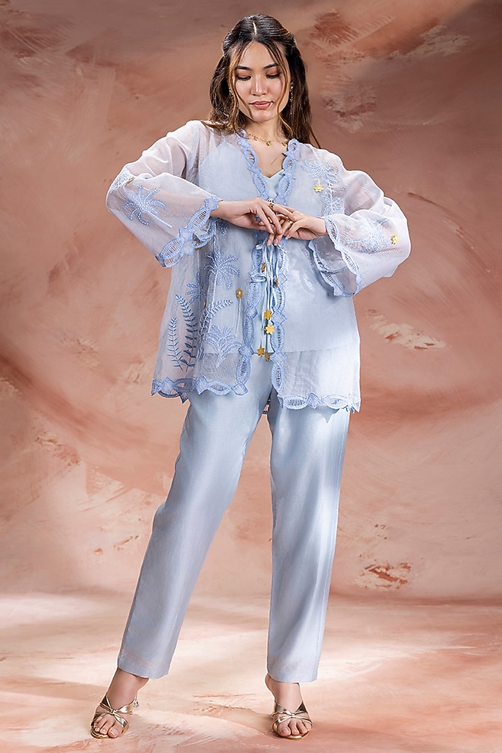 Powder Blue & Off-White Chanderi Embroidered Co-Ord Set by Soup by Sougat Paul at Pernia's Pop Up Shop