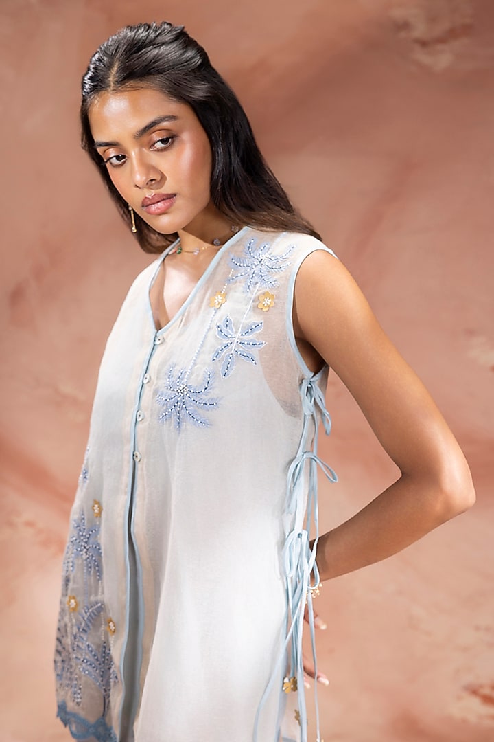 Powder Blue & Off-White Chanderi Co-Ord Set by Soup by Sougat Paul at Pernia's Pop Up Shop