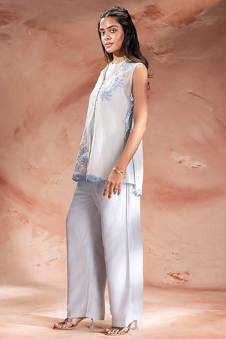 Powder Blue & Off-White Chanderi Co-Ord Set by Soup by Sougat Paul at Pernia's Pop Up Shop