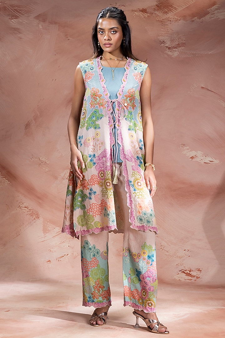 Pink Khadi Flex Floral Embroidered Jacket Set by Soup by Sougat Paul at Pernia's Pop Up Shop