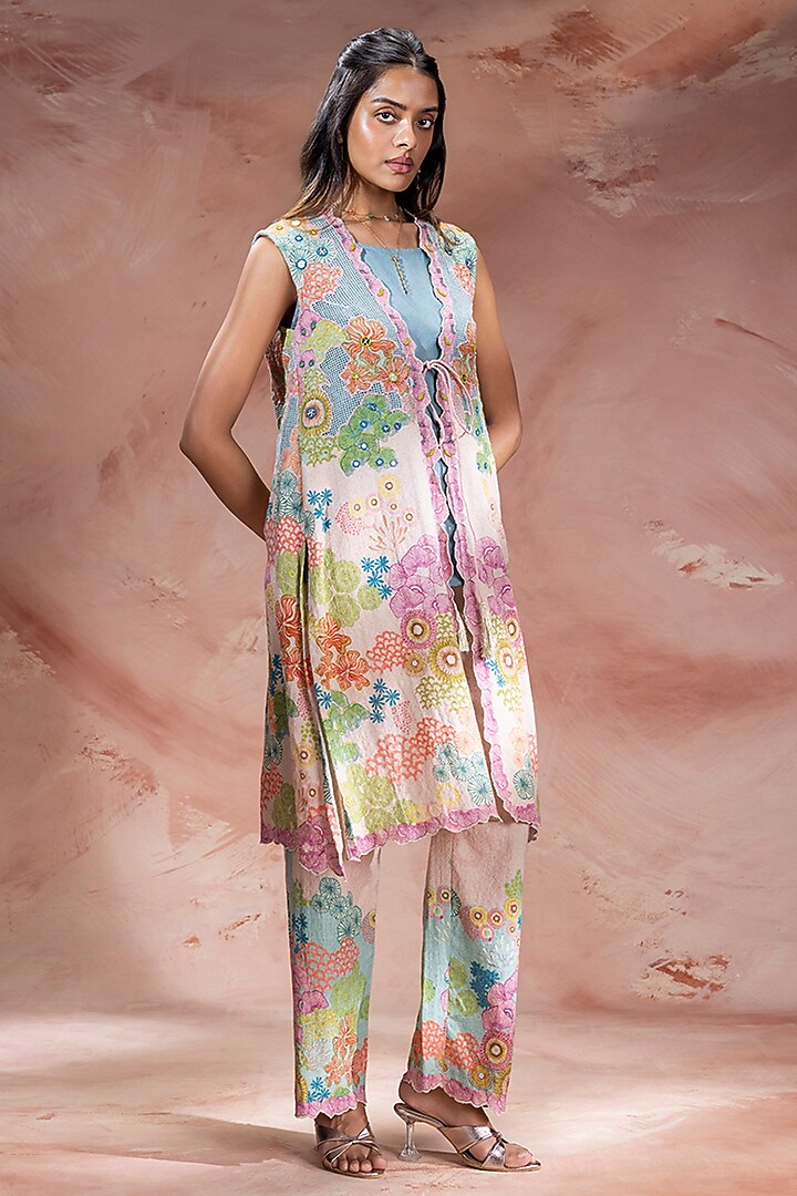 Pink Khadi Flex Floral Embroidered Jacket Set by Soup by Sougat Paul at Pernia's Pop Up Shop