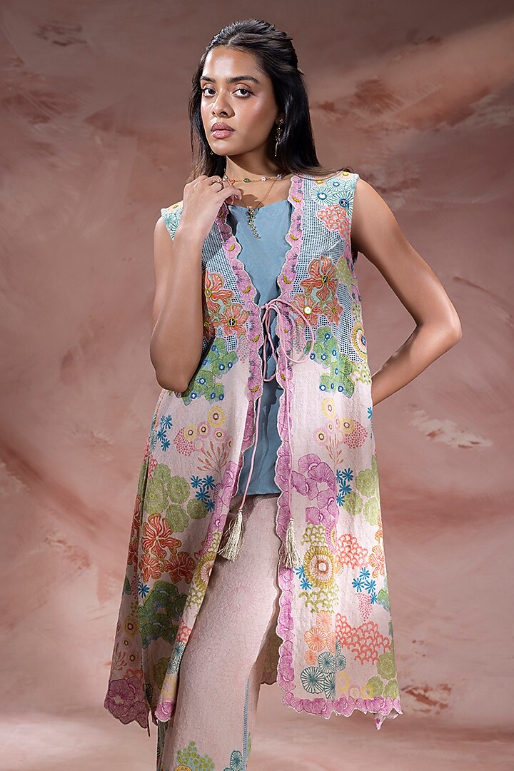 Pink Khadi Flex Floral Embroidered Jacket Set by Soup by Sougat Paul at Pernia's Pop Up Shop