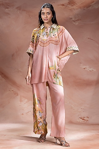 Dusky Pink Chanderi Embellished Tunic Set by Soup by Sougat Paul