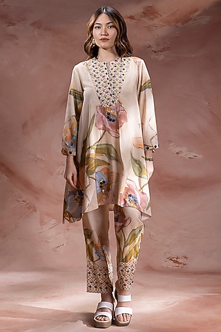 Beige Chanderi Printed Co-Ord Set by Soup by Sougat Paul