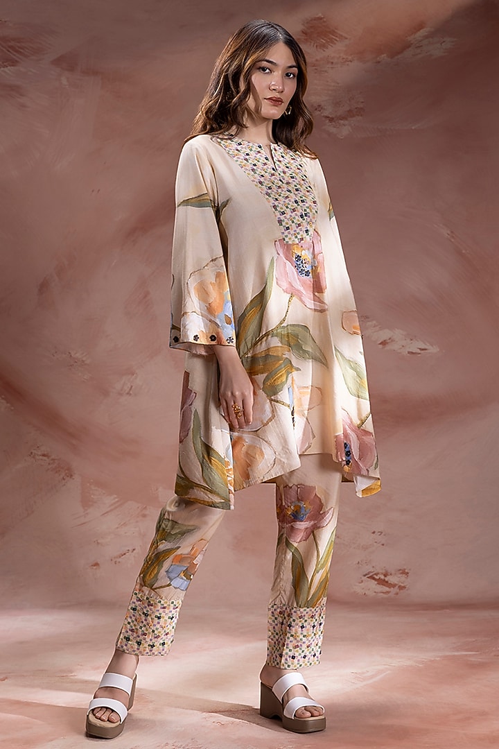 Beige Chanderi Printed Co-Ord Set by Soup by Sougat Paul at Pernia's Pop Up Shop