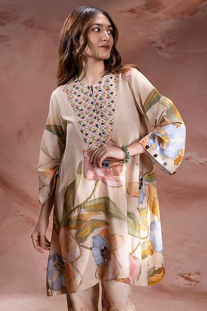Beige Chanderi Printed Co-Ord Set by Soup by Sougat Paul at Pernia's Pop Up Shop