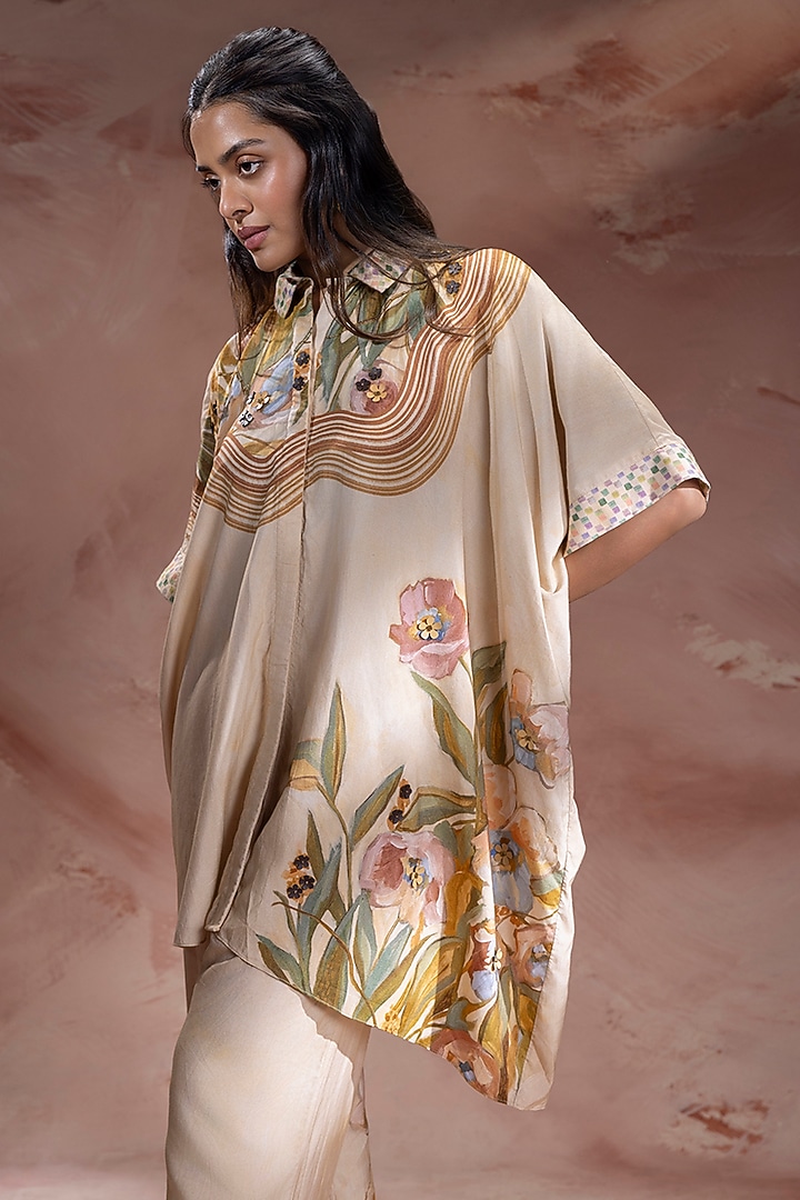 Beige Chanderi Embroidered Co-Ord Set by Soup by Sougat Paul at Pernia's Pop Up Shop