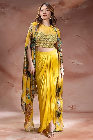 Yellow Crepe Draped Skirt Set by Soup by Sougat Paul