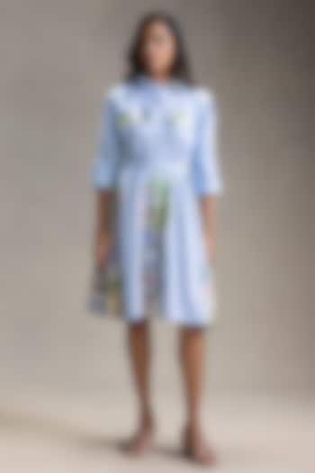 Blue Cotton Twill Printed Midi Summer Dress by Soup by Sougat Paul at Pernia's Pop Up Shop