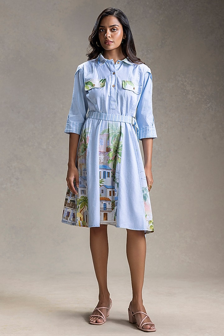 Blue Cotton Twill Printed Midi Summer Dress by Soup by Sougat Paul at Pernia's Pop Up Shop
