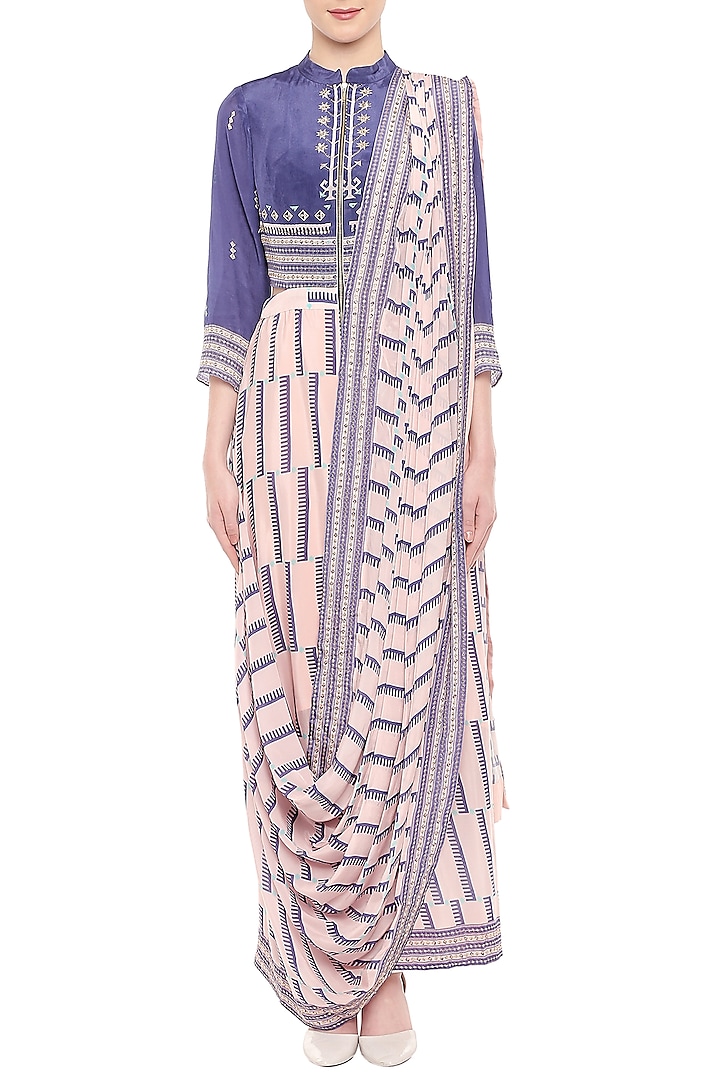 Blue & Pink Embroidered Printed Drape Saree by Soup by Sougat Paul