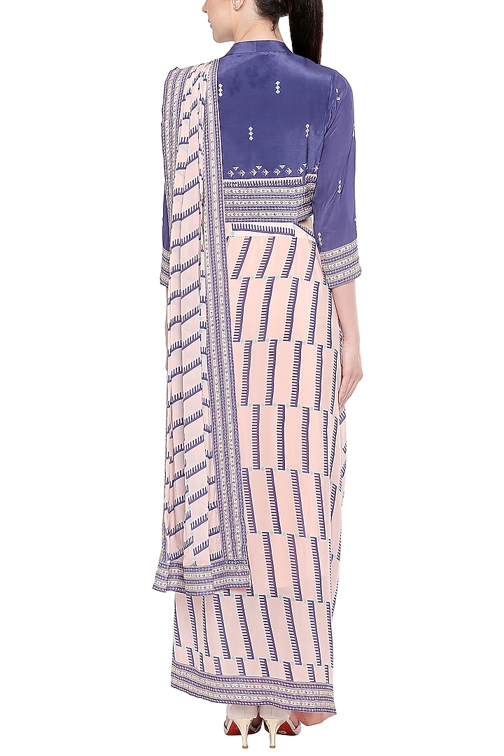 Blue & Pink Embroidered Printed Drape Party Wear Saree by Soup by Sougat Paul at Pernia's Pop Up Shop