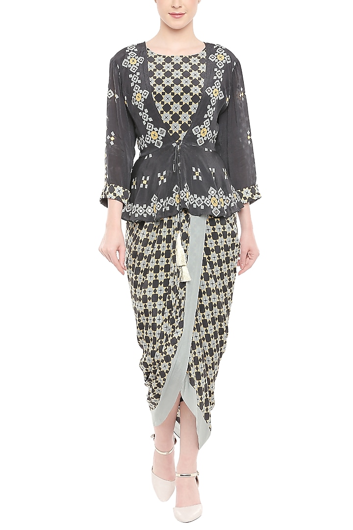 Black Printed Draped Dress With Embellished Jacket by Soup by Sougat Paul