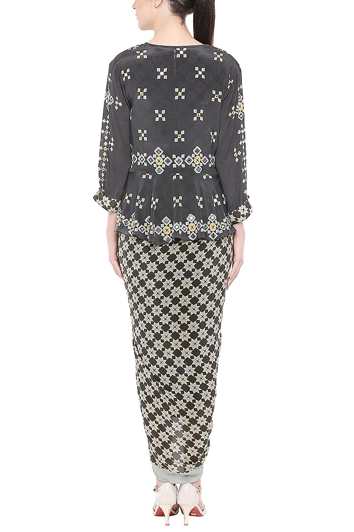 Black Printed Draped Vacation Dress With Embellished Jacket by Soup by Sougat Paul at Pernia's Pop Up Shop
