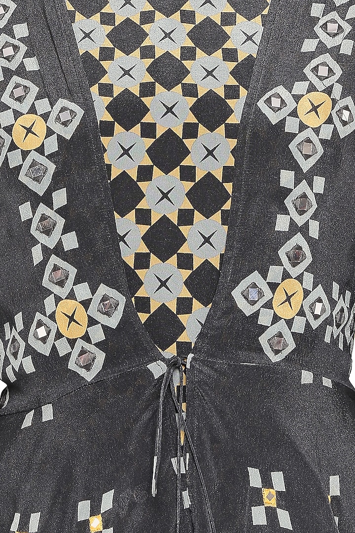 Black Printed Draped Vacation Dress With Embellished Jacket by Soup by Sougat Paul at Pernia's Pop Up Shop
