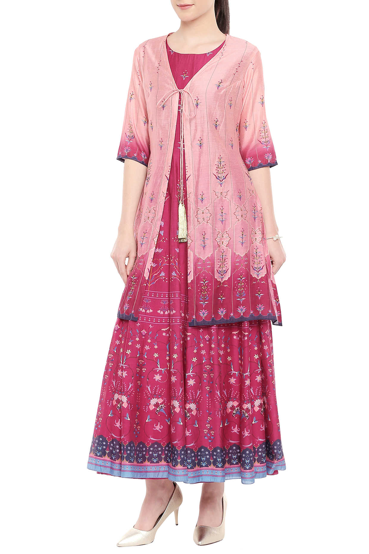 Pink Printed Party Wear Anarkali With Embroidered Jacket by Soup by Sougat Paul at Pernia's Pop Up Shop