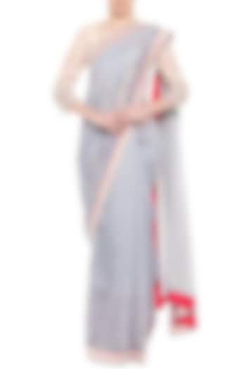 Greyish Blue Chanderi Embroidered & Printed Saree Set by Soup by Sougat Paul
