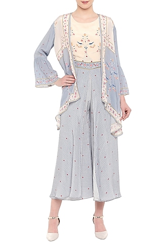Greyish Blue & Off White Printed Jumpsuit With Jacket by Soup by Sougat Paul
