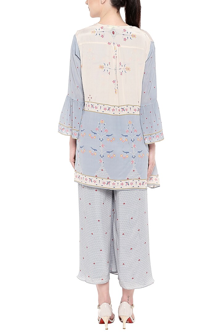 Greyish Blue & Off White Printed Jumpsuit With Jacket by Soup by Sougat Paul at Pernia's Pop Up Shop