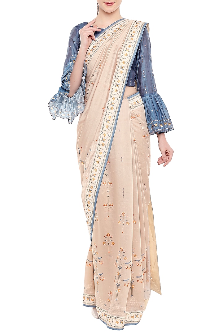Ivory & Beige Chanderi Printed Saree Set by Soup by Sougat Paul