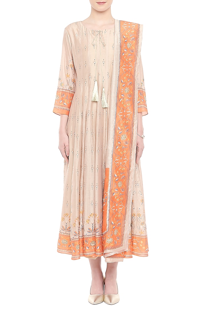 Orange & Beige Embroidered Printed Anarkali With Dupatta by Soup by Sougat Paul