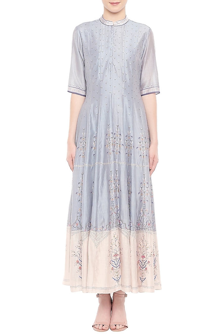 Blue & Off White Embroidered Printed Maxi Dress by Soup by Sougat Paul
