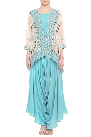 Blue Jumpsuit WIth Off White Printed Jacket by Soup by Sougat Paul
