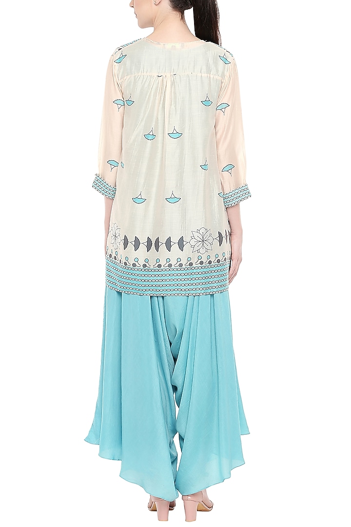 Blue Jumpsuit WIth Off White Printed Jacket by Soup by Sougat Paul at Pernia's Pop Up Shop