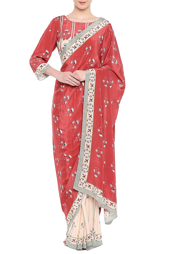 Red & Beige Crepe Printed Saree Set by Soup by Sougat Paul