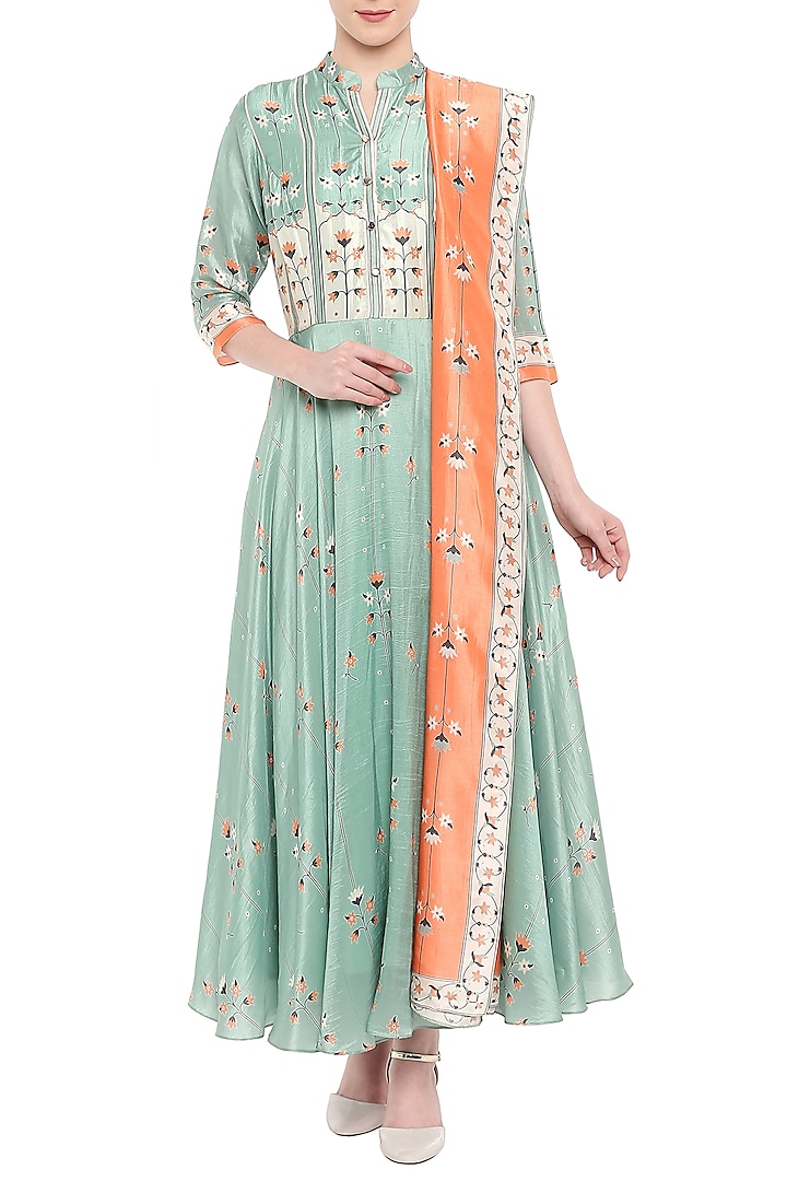 Blue Embroidered Printed Anarkali With Orange Dupatta by Soup by Sougat Paul