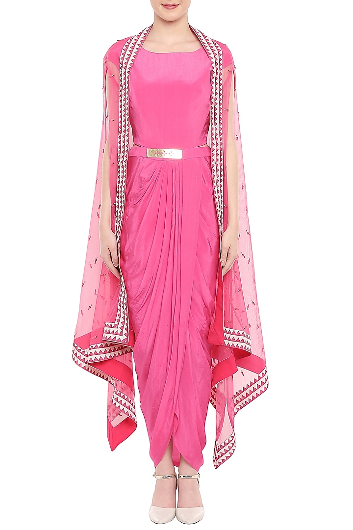Pink Draped Dress With Embroidered Jacket & Belt by Soup by Sougat Paul
