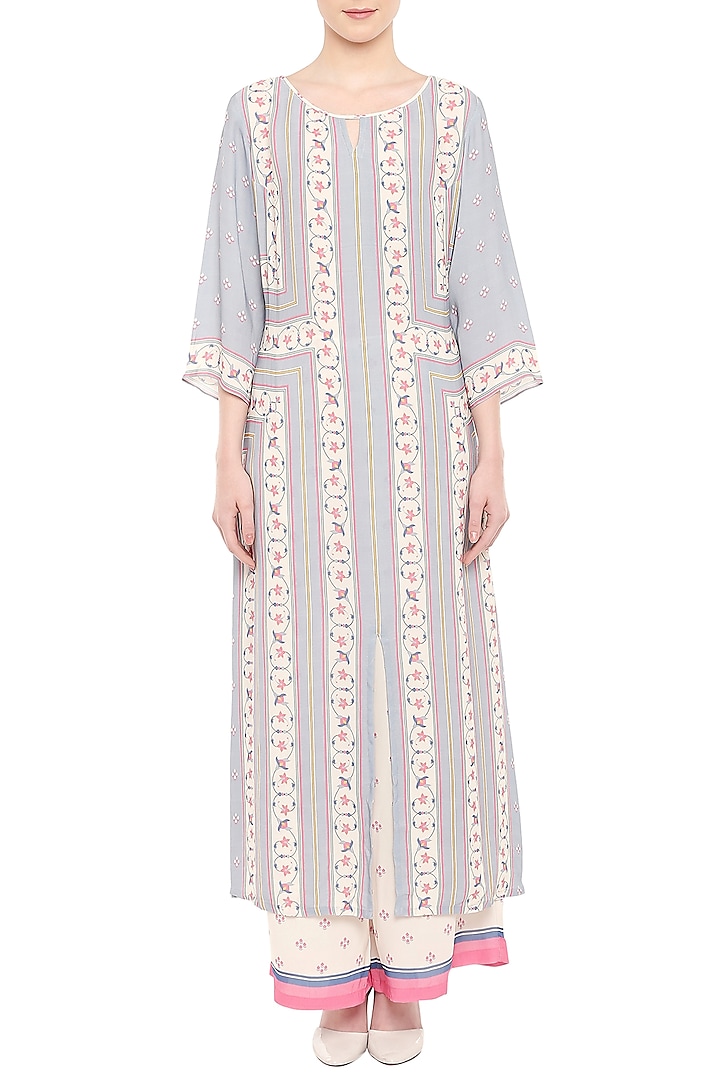 Blue & Off White Printed Kurta With Palazzo Pants by Soup by Sougat Paul