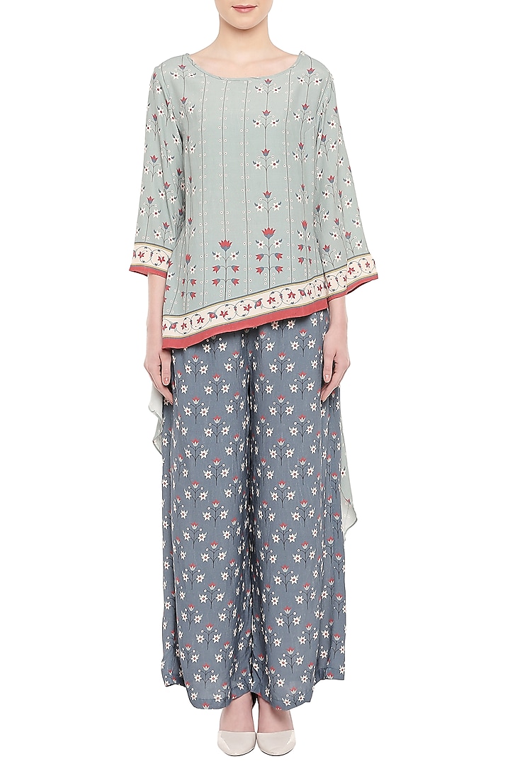 Blue Printed Asymmetrical Top With Palazzo Pants by Soup by Sougat Paul