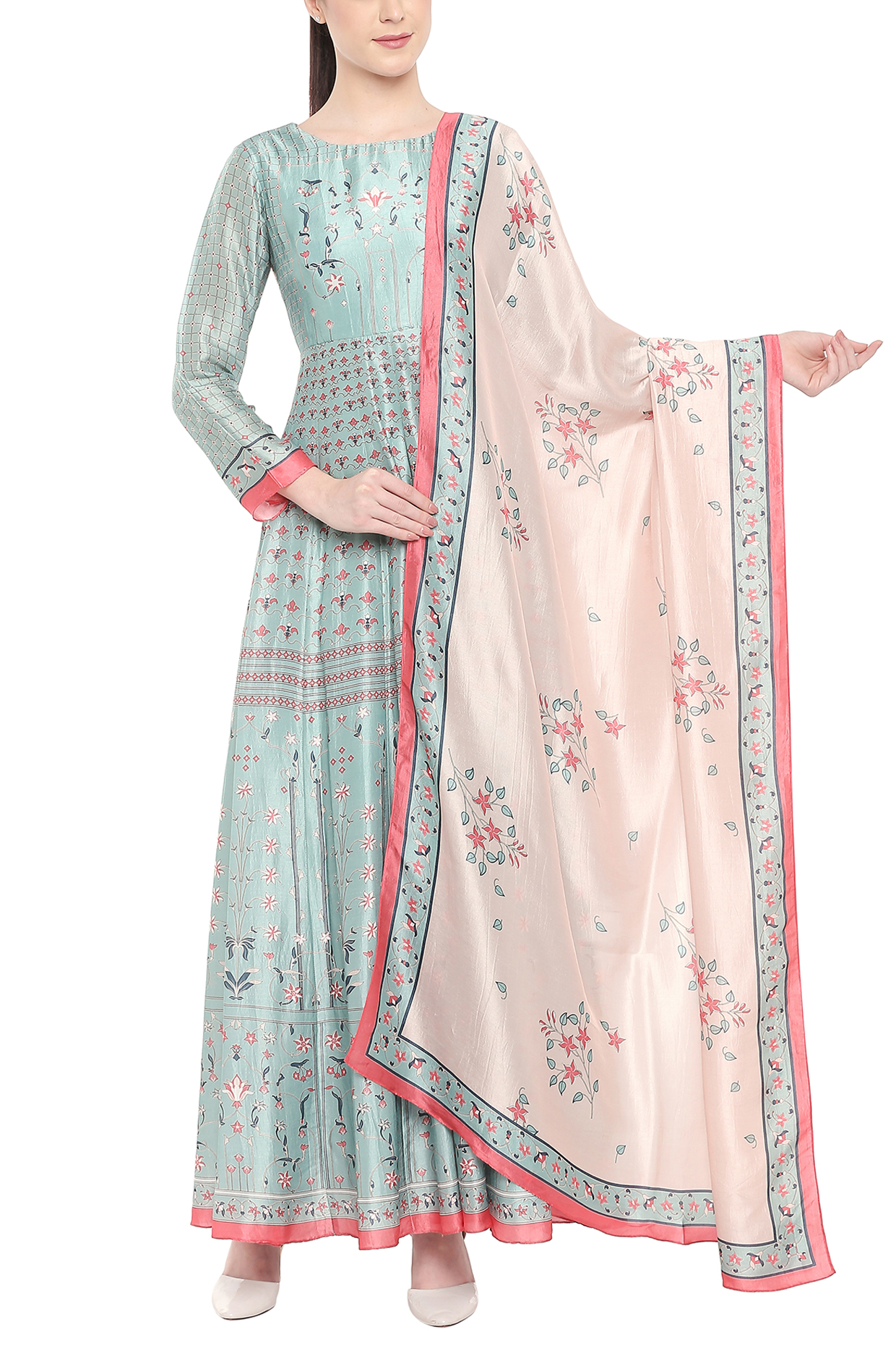 Beige & Blue Printed Party Wear Anarkali With Dupatta by Soup by Sougat Paul at Pernia's Pop Up Shop