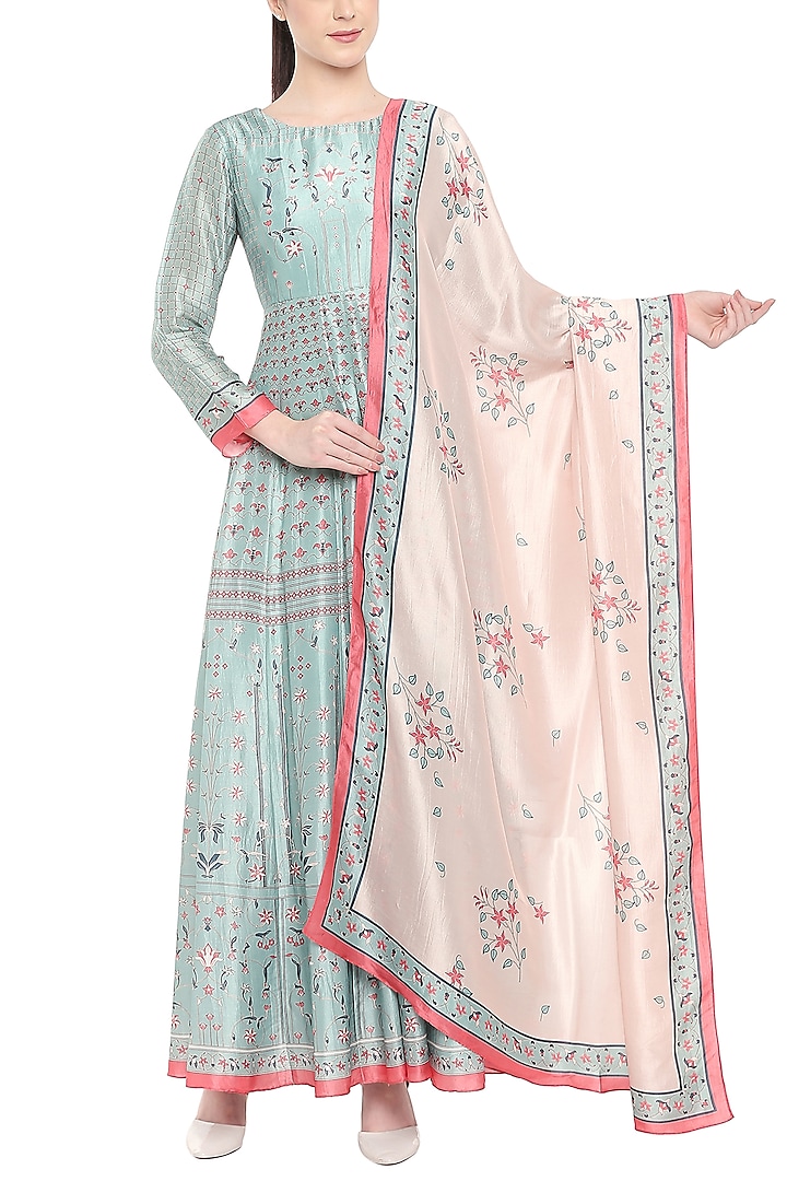 Beige & Blue Printed Anarkali With Dupatta by Soup by Sougat Paul