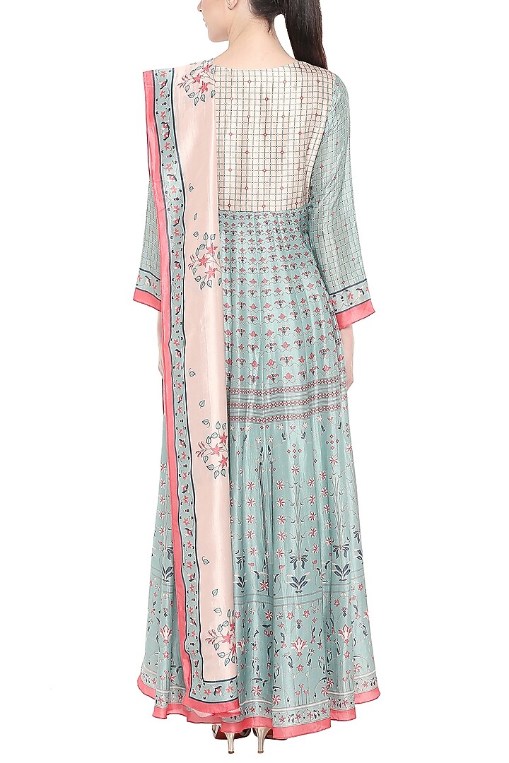 Beige & Blue Printed Party Wear Anarkali With Dupatta by Soup by Sougat Paul at Pernia's Pop Up Shop