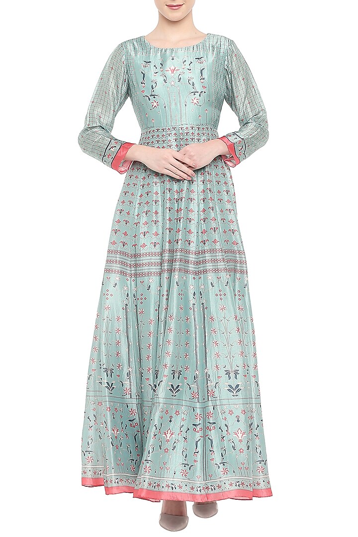 Beige & Blue Printed Party Wear Anarkali With Dupatta by Soup by Sougat Paul at Pernia's Pop Up Shop